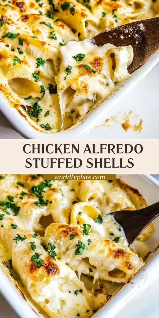Chicken Alfredo stuffed shells baked in a creamy sauce with cheesy topping