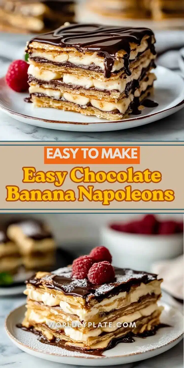 Chocolate Banana Napoleons dessert with layers of pastry, chocolate, and bananas.