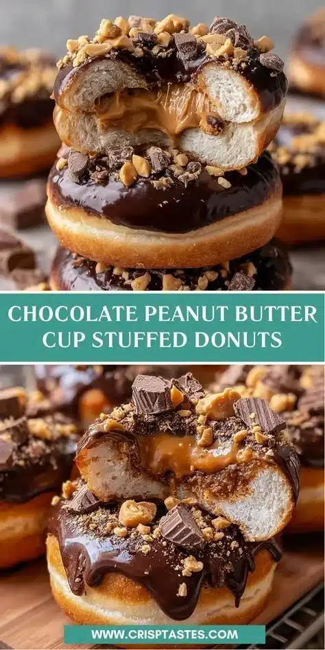 Chocolate peanut butter cup stuffed donuts with a rich filling and glaze.