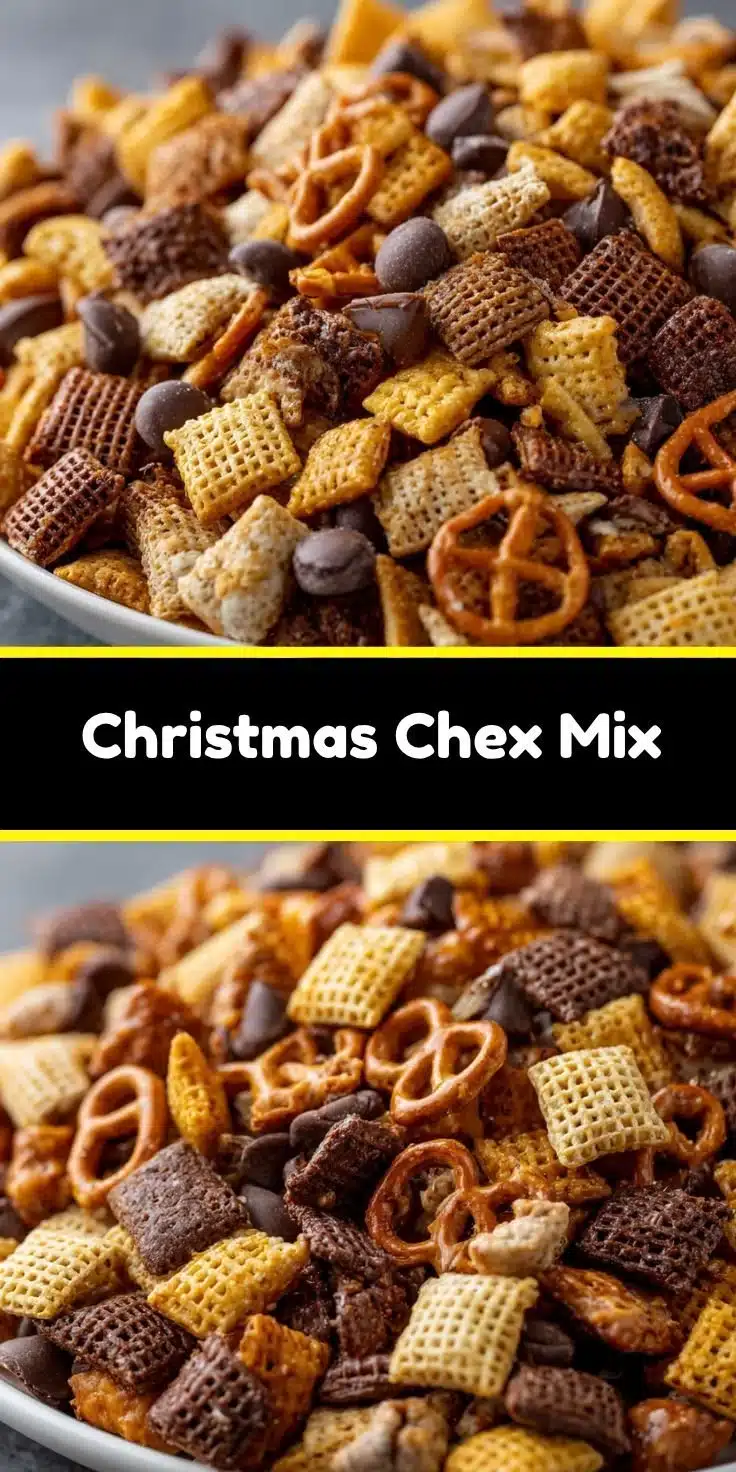 Delicious bowl of Christmas Chex Mix featuring festive ingredients.