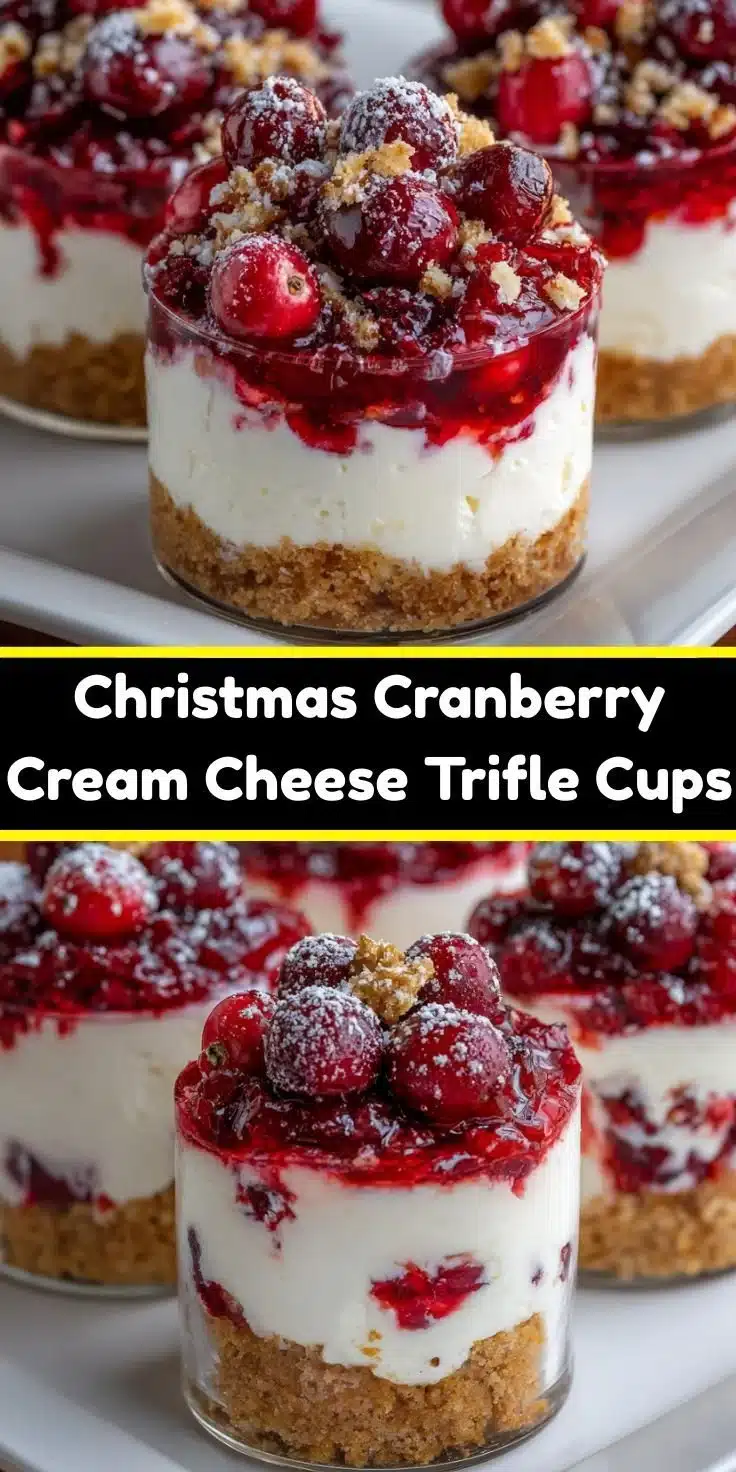 Delicious Christmas cranberry cream cheese trifle cups served in elegant glassware.