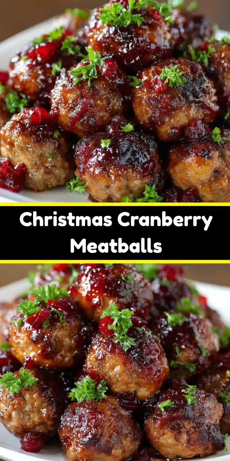 Delicious Christmas cranberry meatballs served on a festive platter.