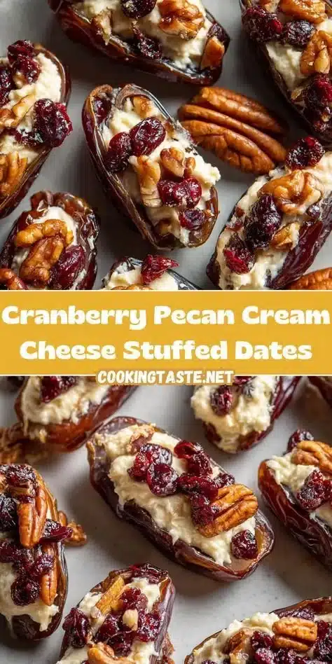 Cranberry pecan cream cheese stuffed dates on a serving platter