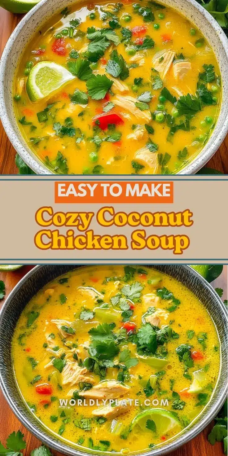 Creamy coconut chicken soup garnished with lime and cilantro in a bowl