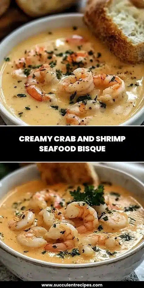 Bowl of creamy crab and shrimp seafood bisque garnished with herbs.