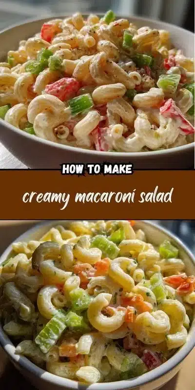 Bowl of creamy macaroni salad garnished with herbs