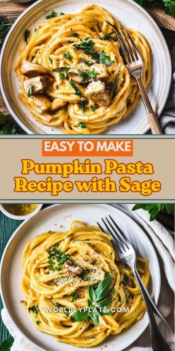 Creamy pumpkin pasta topped with sage and pecans in a bowl.