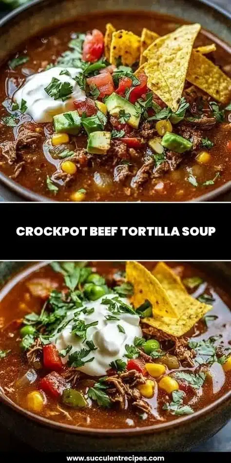 Bowl of delicious Crockpot Beef Tortilla Soup topped with tortilla strips and avocado.