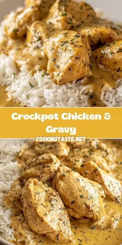 Crockpot chicken served with savory chicken gravy in a bowl