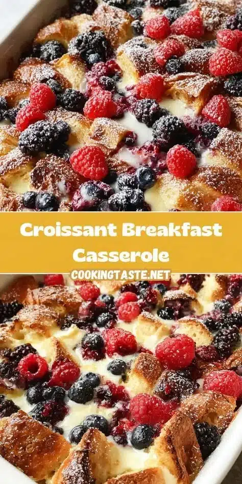 Delicious croissant breakfast casserole served in a dish