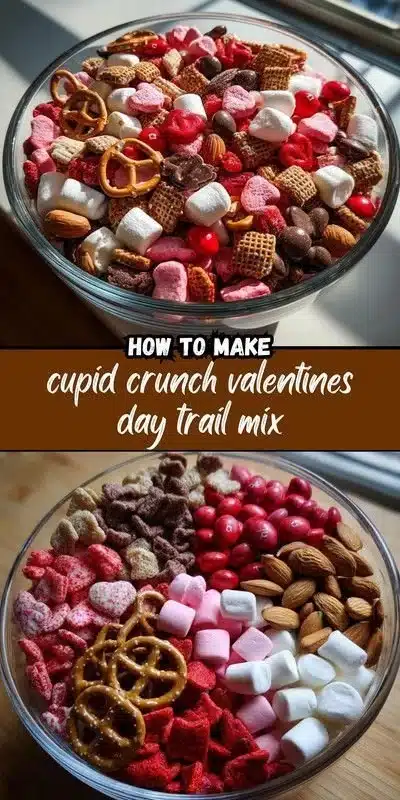 Cupid Crunch Valentine's Day Trail Mix with chocolates and heart-shaped snacks.