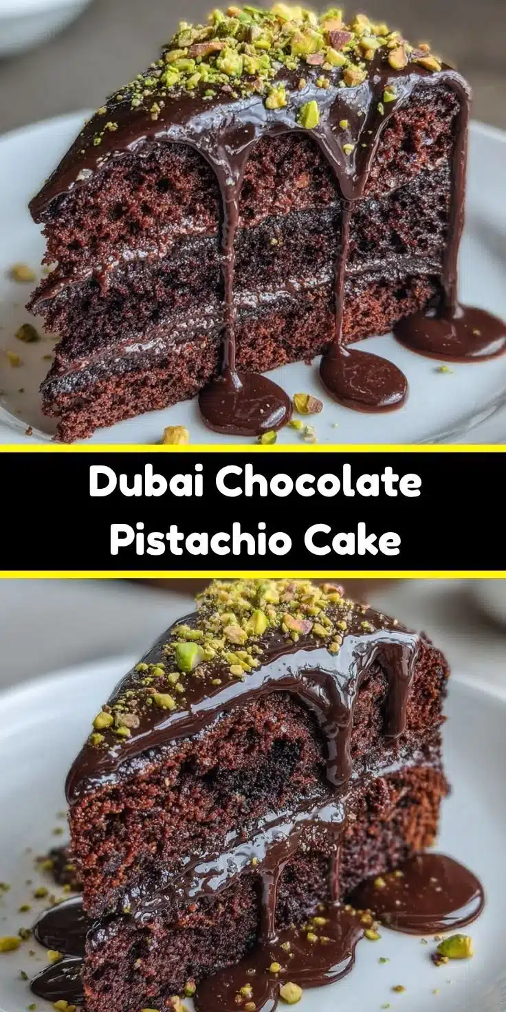 Delicious Dubai Chocolate Pistachio Cake showcasing layers of chocolate and pistachios.
