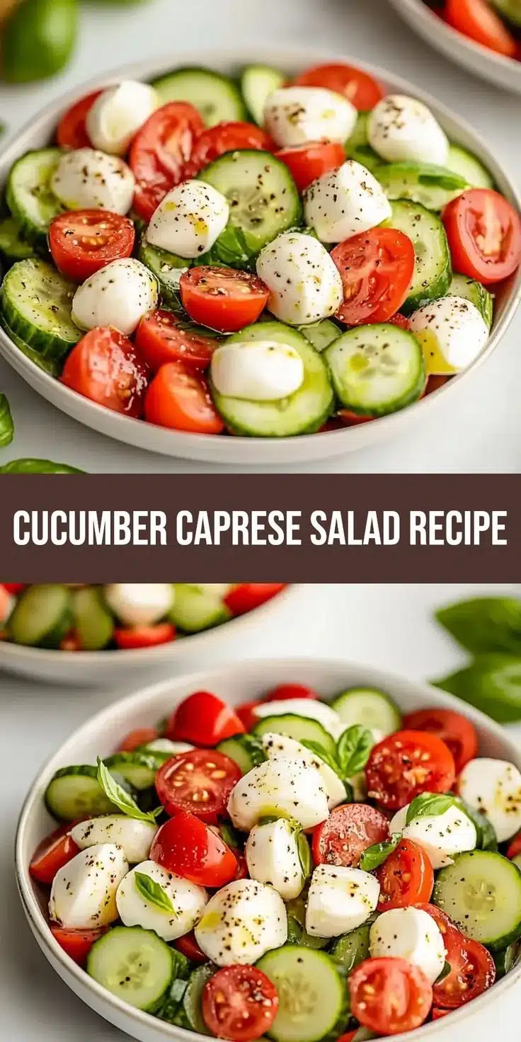 Delicious cucumber caprese salad with fresh mozzarella and basil in summer