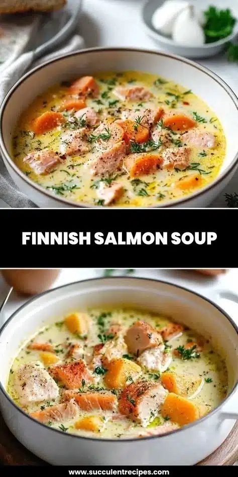 Bowl of Finnish salmon soup garnished with herbs and vegetables