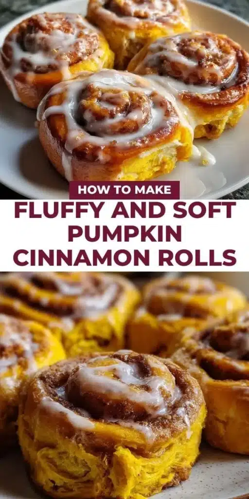 Fluffy pumpkin cinnamon rolls with icing on a rustic table