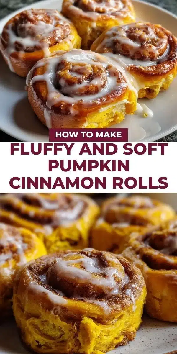 Fluffy pumpkin cinnamon rolls with icing on a rustic table