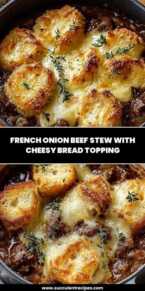 French Onion Beef Stew with Cheesy Bread Topping served in a bowl