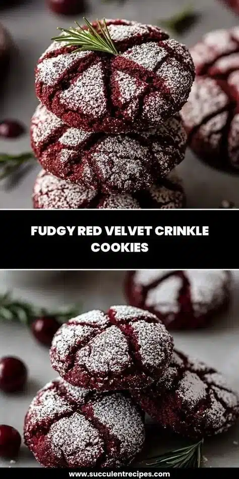 Fudgy red velvet crinkle cookies on a white plate with powdered sugar