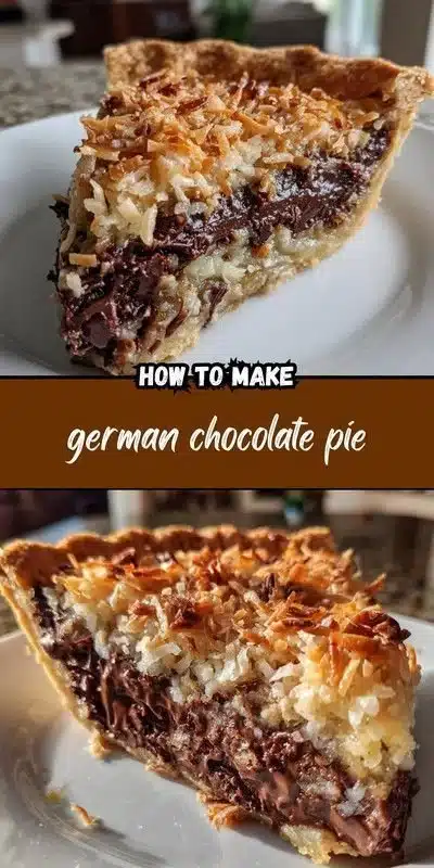 Delicious slice of German Chocolate Pie with chocolate and coconut topping