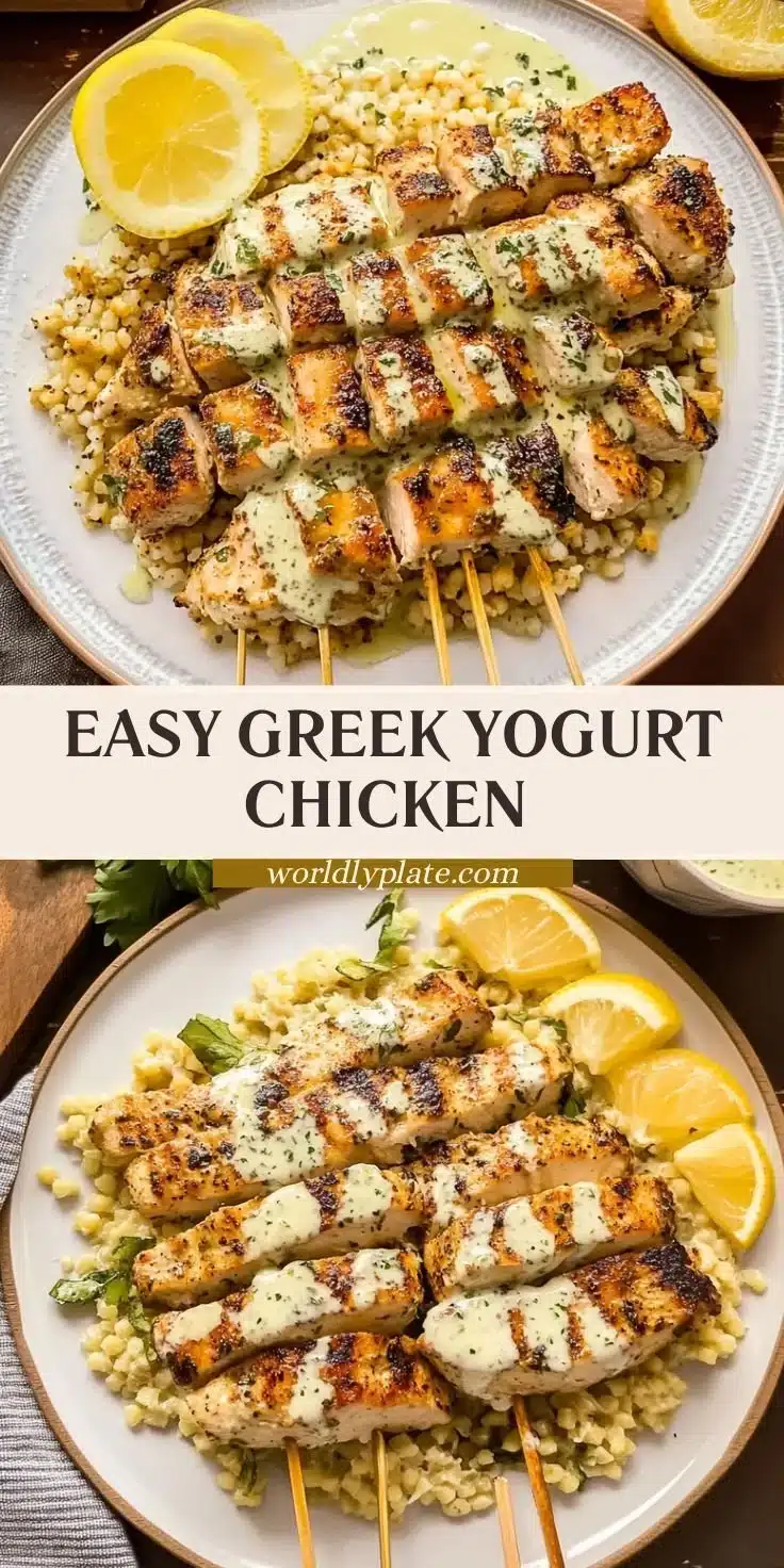 Delicious Greek yogurt marinated chicken served with herbs and spices.