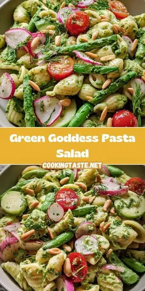 Delicious Green Goddess Pasta Salad with fresh vegetables and herbs