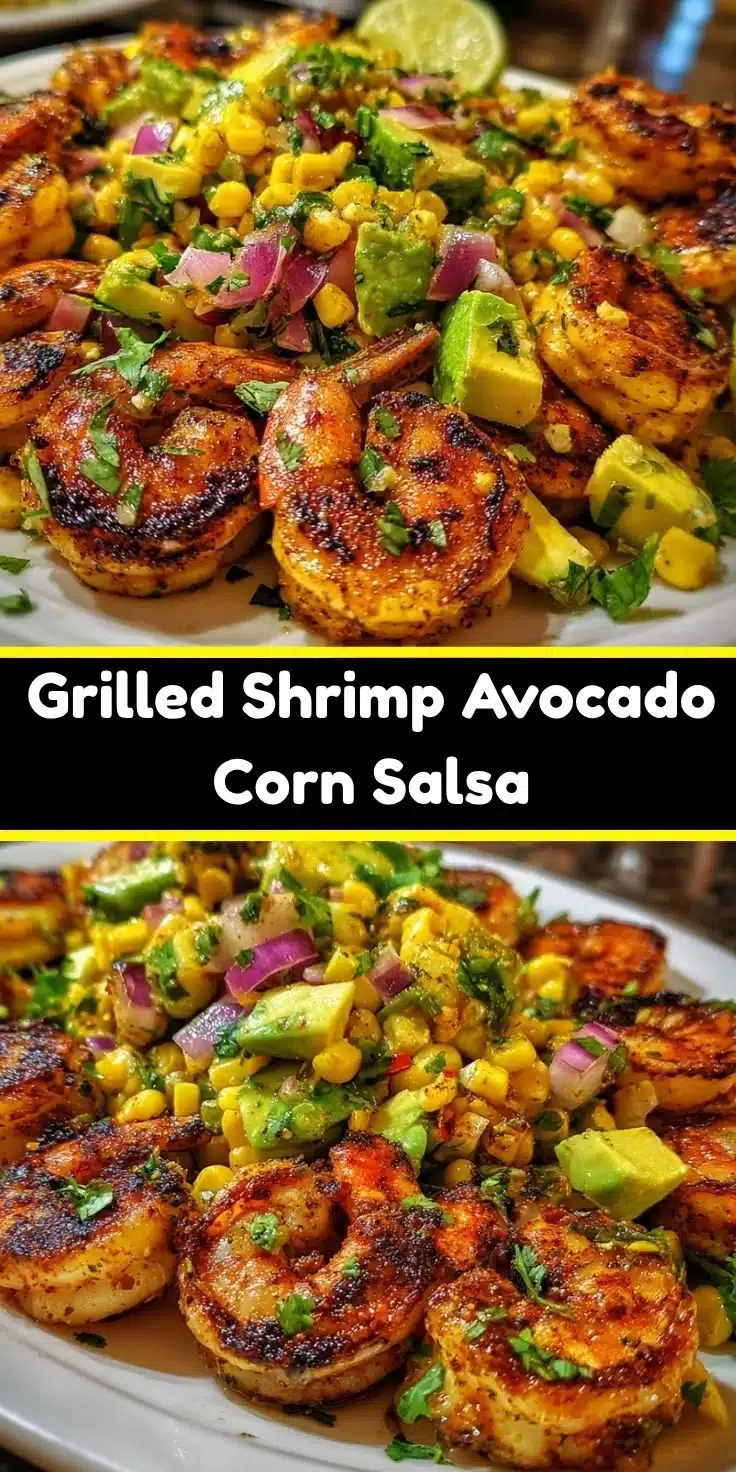 Delicious grilled shrimp served with avocado corn salsa in a vibrant dish.