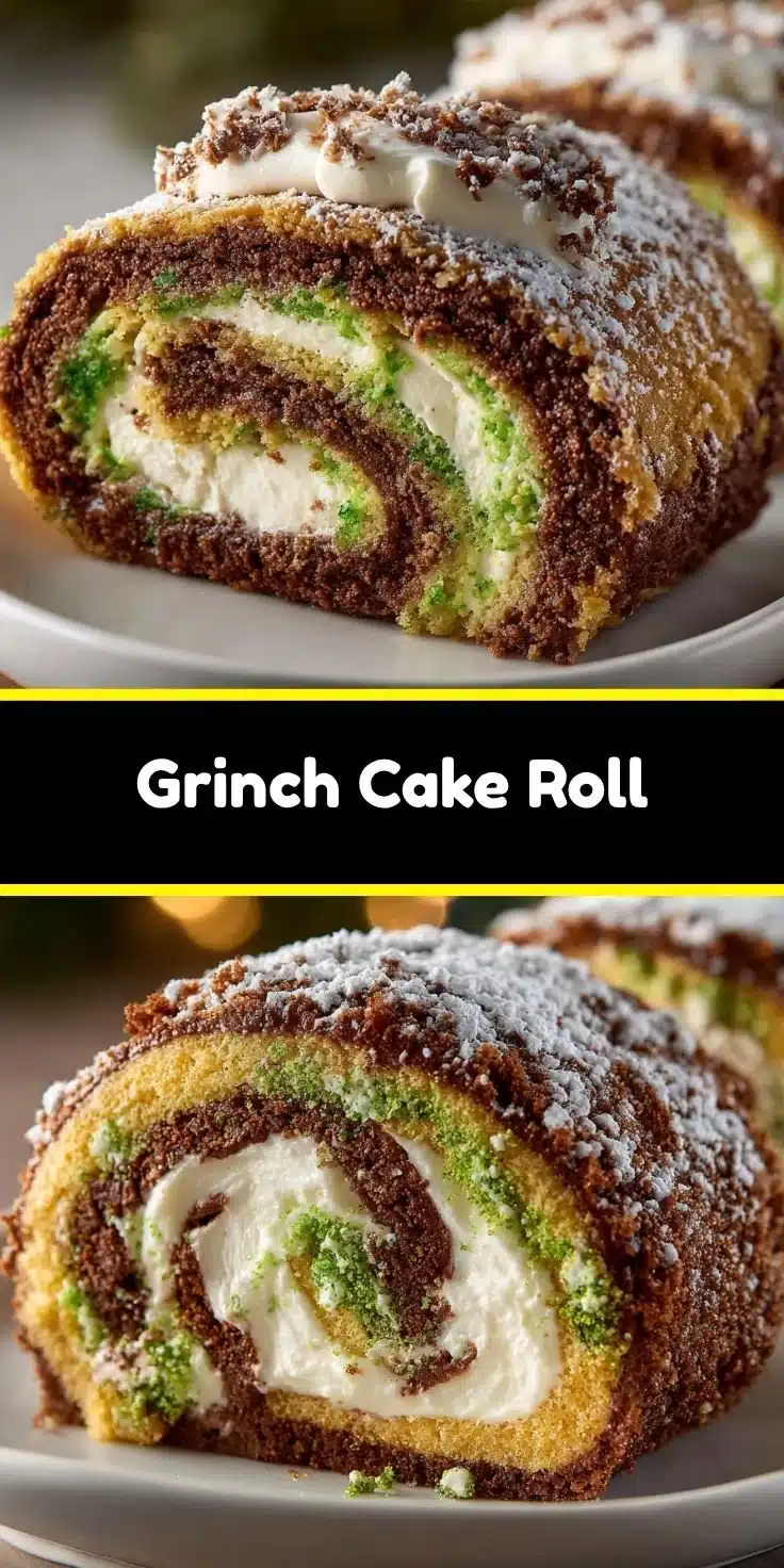 Delicious Grinch Cake Roll decorated for Christmas with festive colors.