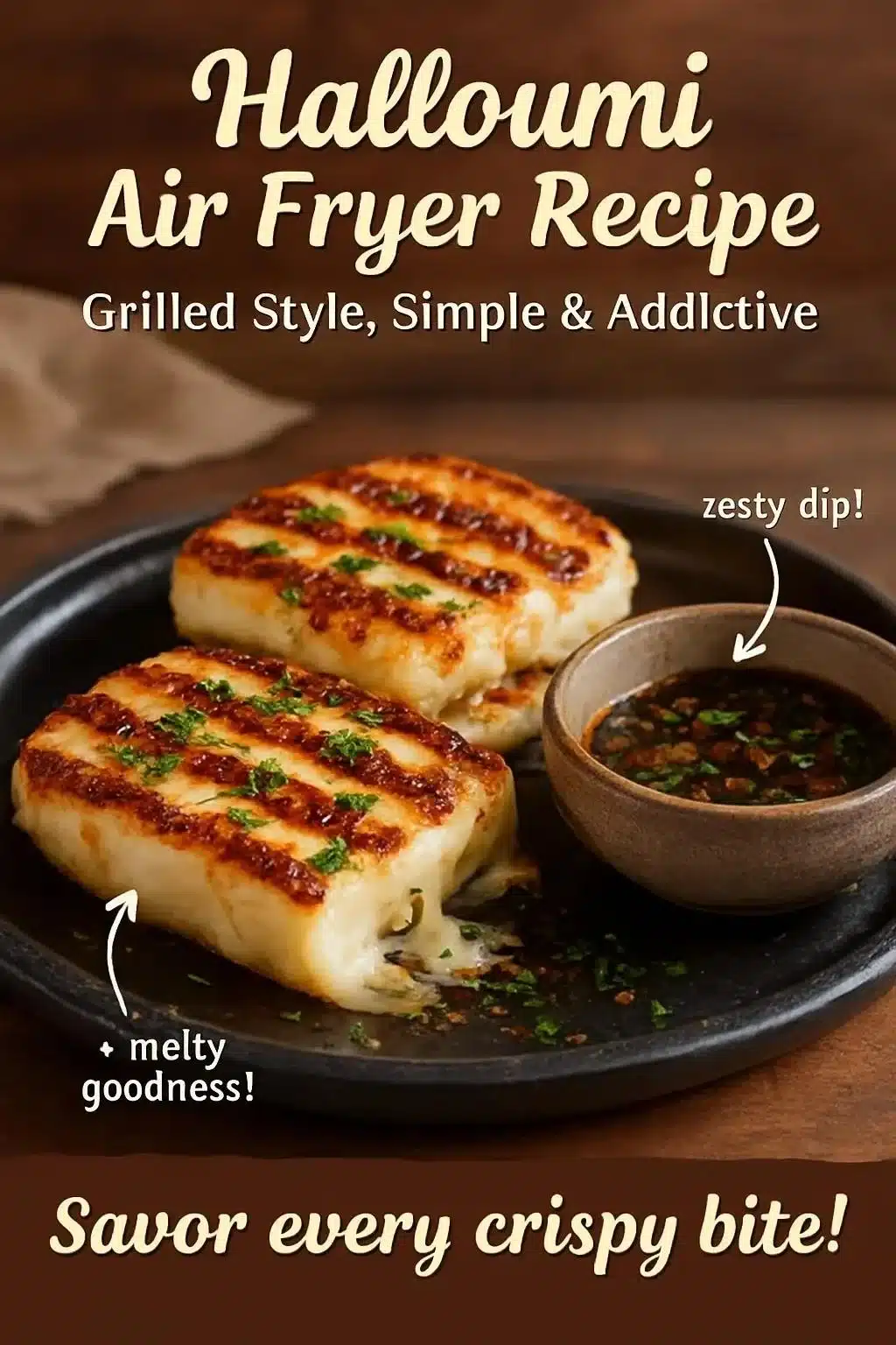 Air fried halloumi cheese served on a plate, showcasing grilled texture and flavor.