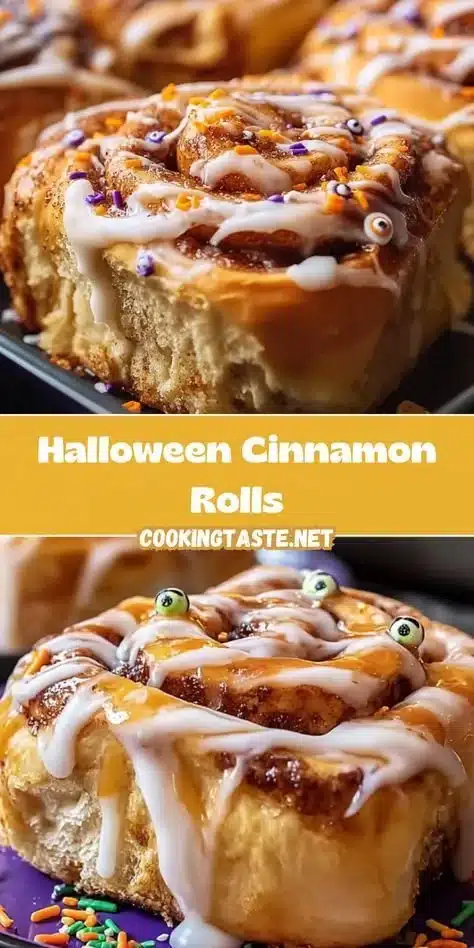 Spooky Halloween cinnamon rolls decorated with orange icing and sprinkles