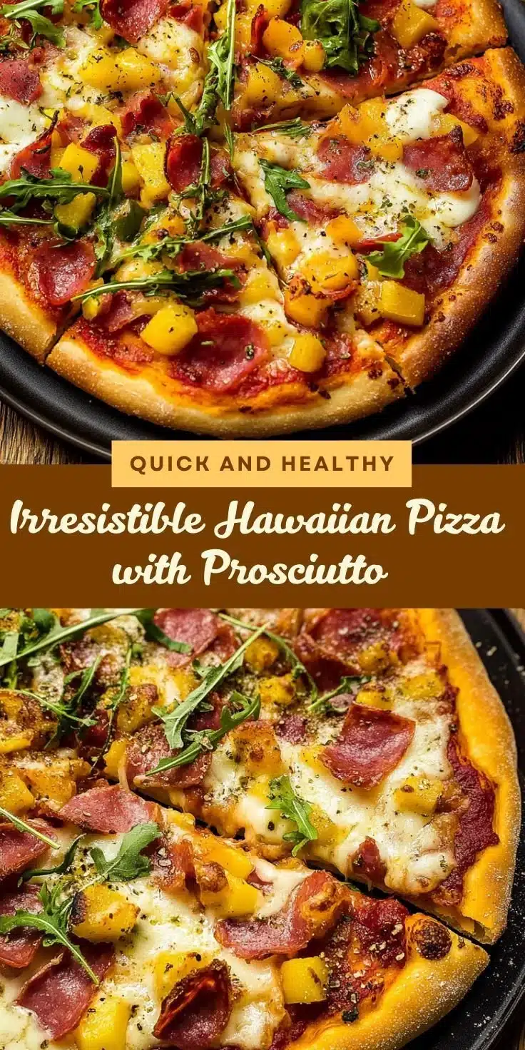 Hawaiian pizza topped with prosciutto, pineapple, and cheese on a wooden pizza board.