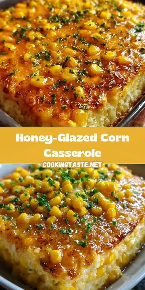 Honey-Glazed Corn Casserole baked in a dish, topped with a golden glaze