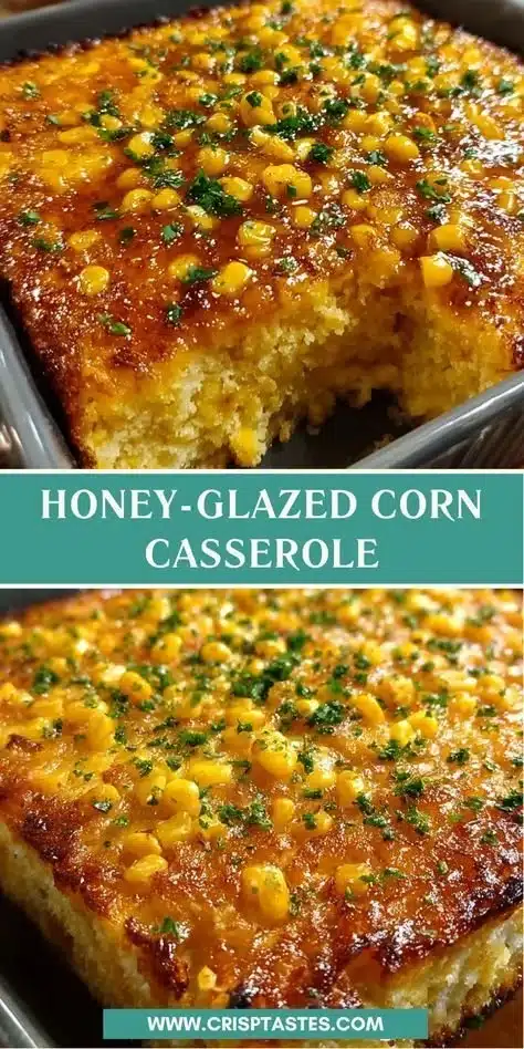 Delicious Honey-Glazed Corn Casserole topped with golden brown glaze