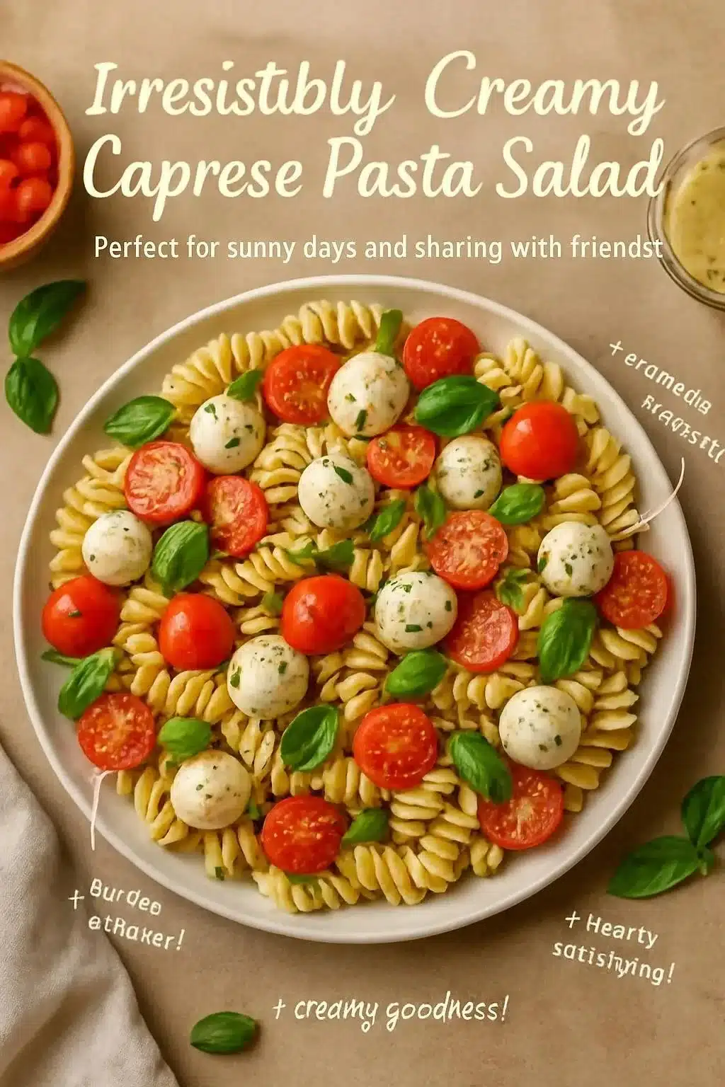 Colorful and creamy Caprese Pasta Salad with fresh mozzarella, tomatoes, and basil.