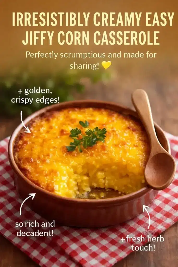 Irresistibly creamy Jiffy corn casserole served in a dish