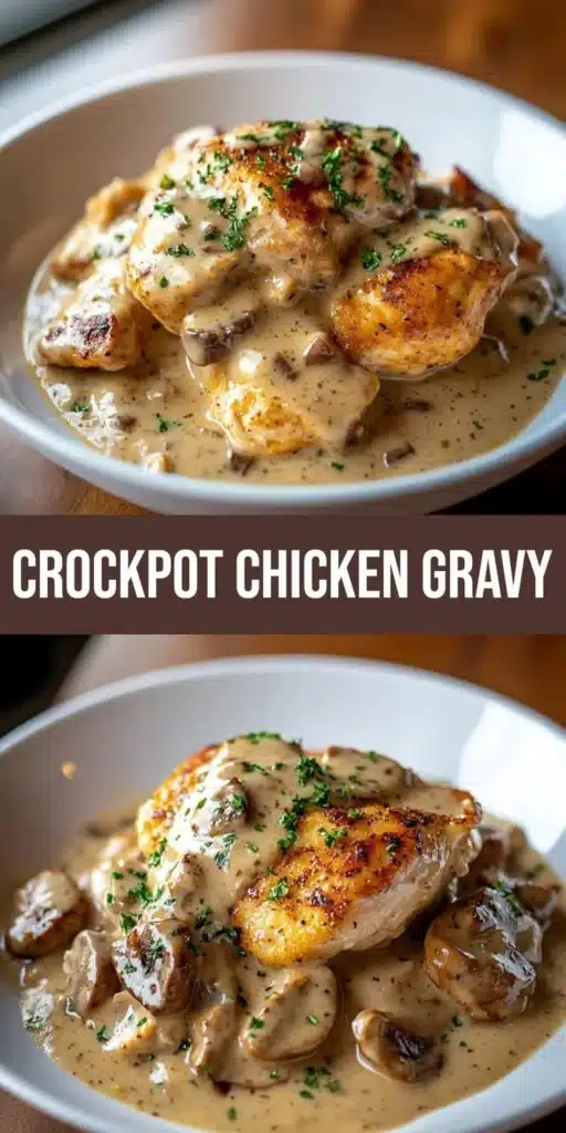 Delicious crockpot chicken with creamy gravy served on a plate.