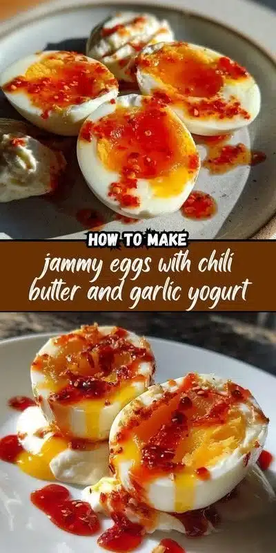Jammy eggs served with chili butter and garlic yogurt on a plate