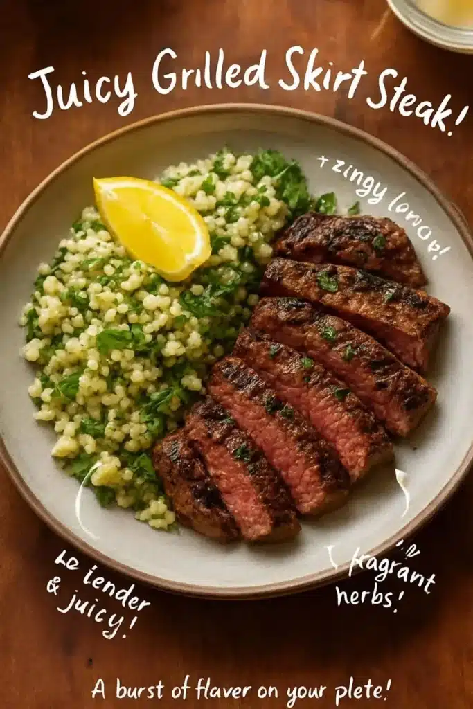 Juicy grilled skirt steak served with zesty lemon herb couscous