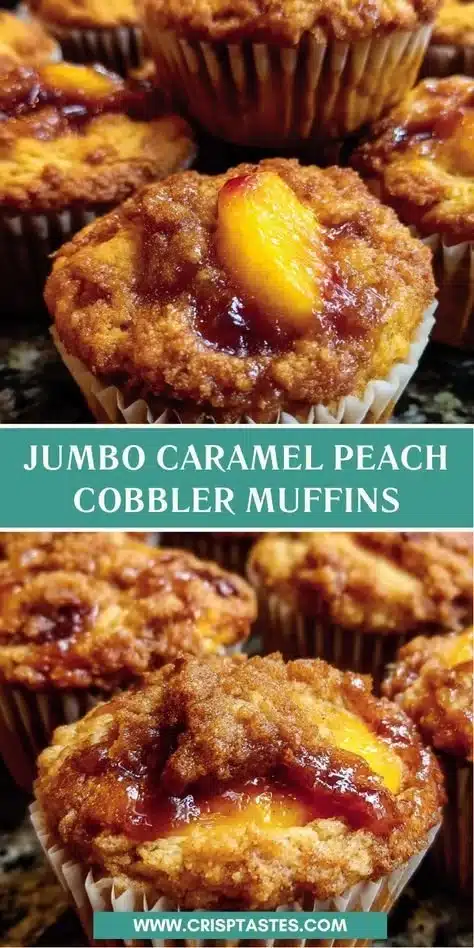 Jumbo Caramel Peach Cobbler Muffins with caramel drizzled on top