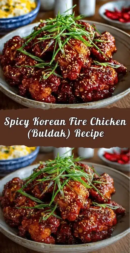 Delicious Korean Fire Chicken (Buldak) served with spices and garnishes