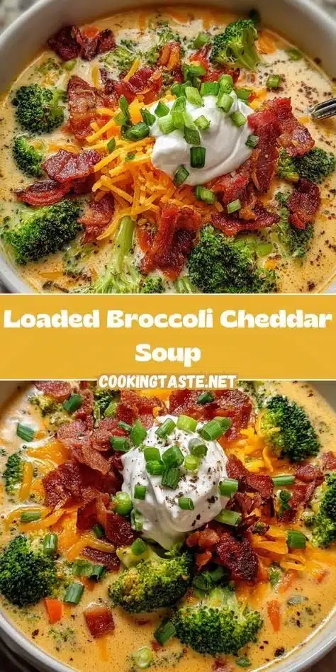 A bowl of loaded broccoli cheddar soup topped with cheese and fresh broccoli