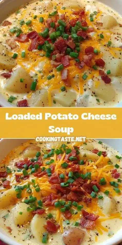 Bowl of loaded potato cheese soup topped with bacon, cheese, and chives