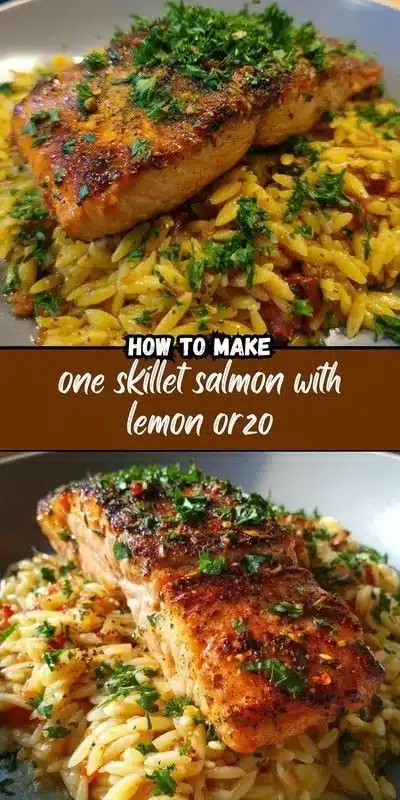 One skillet salmon served with lemon orzo in a skillet dish