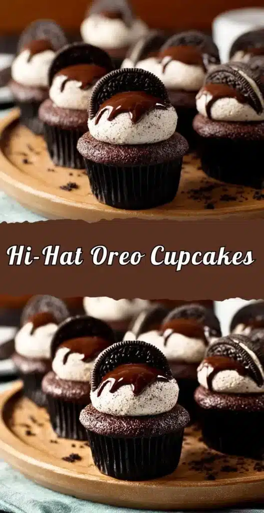 Delicious Oreo Hi-Hat Cupcakes with chocolate frosting and cookie toppings