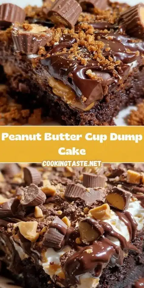 Decadent Peanut Butter Cup Dump Cake topped with chocolate and peanut butter cups.