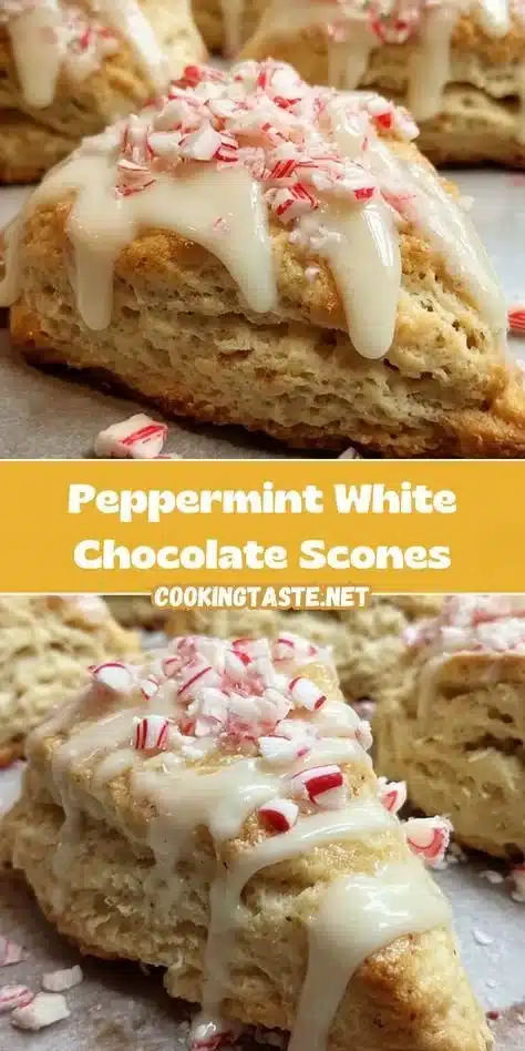Peppermint white chocolate scones on a plate, dusted with powdered sugar.