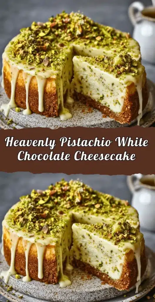 Creamy pistachio cheesecake topped with white chocolate curls