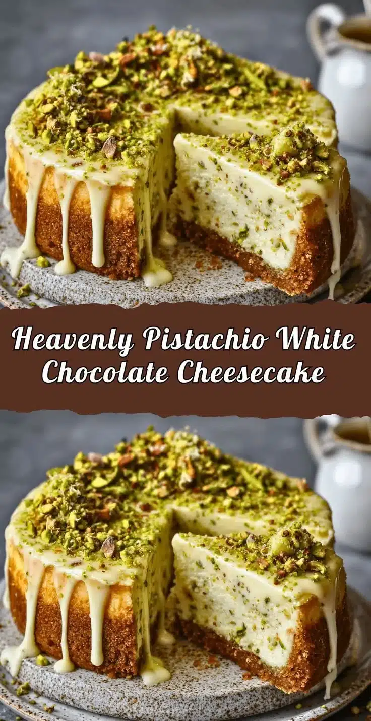 Creamy pistachio cheesecake topped with white chocolate curls