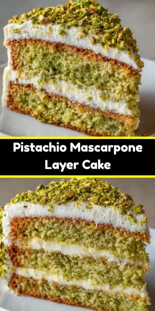 Delicious Pistachio Mascarpone Layer Cake with cream and pistachios on top