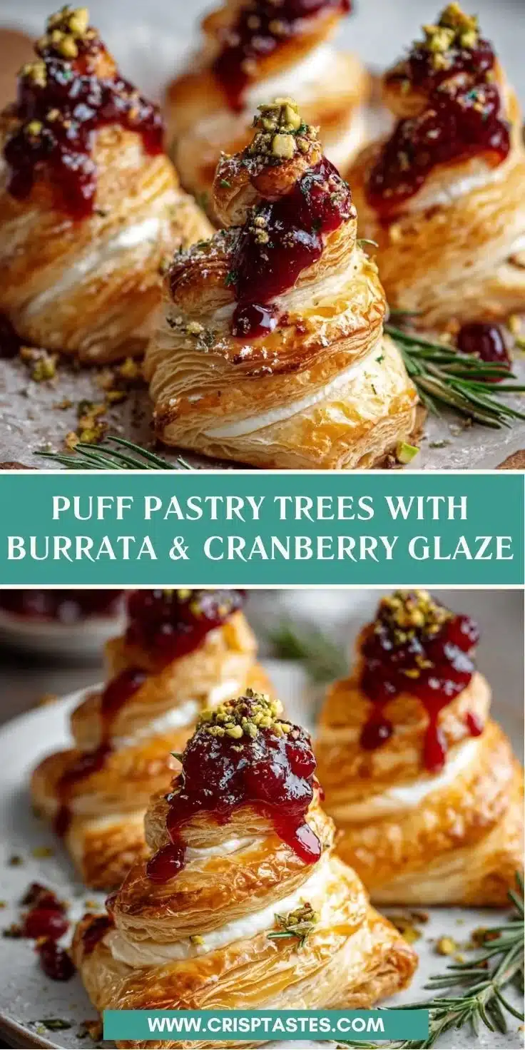 Delicious puff pastry trees with burrata cheese and cranberry glaze on a festive table