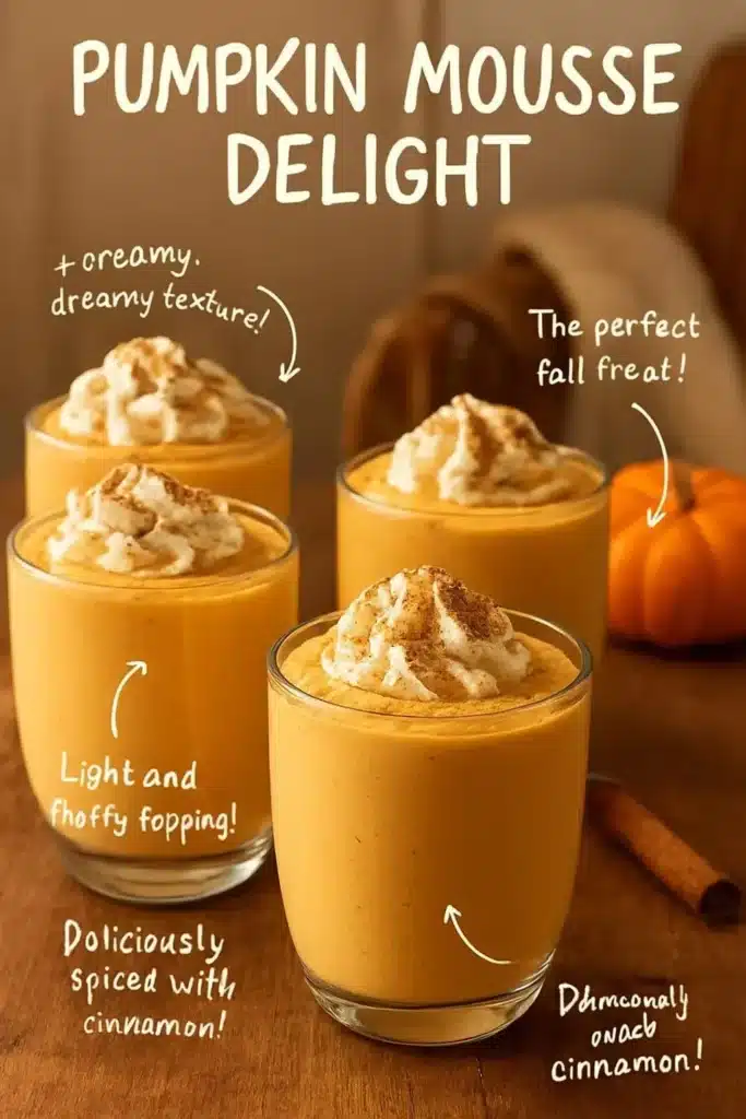 Delicious homemade pumpkin mousse in a glass topped with whipped cream.
